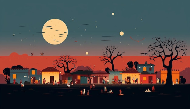 una ilustración mínima pero colorida de una escena de un pueblo de Punjab en Lohri