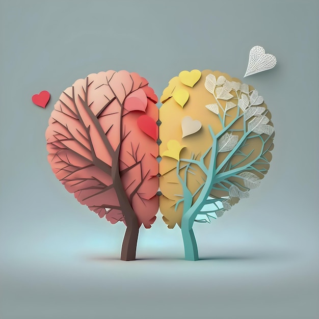 Ilustración de minimalismo de cerebro y árbol de corazón de papel