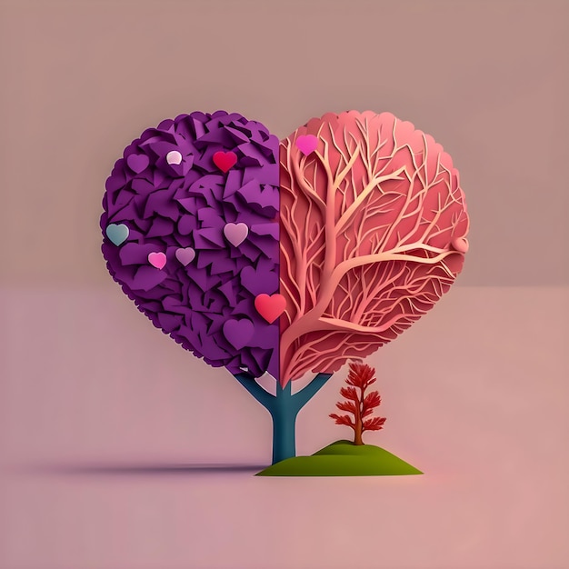 Ilustración de minimalismo de cerebro y árbol de corazón de papel