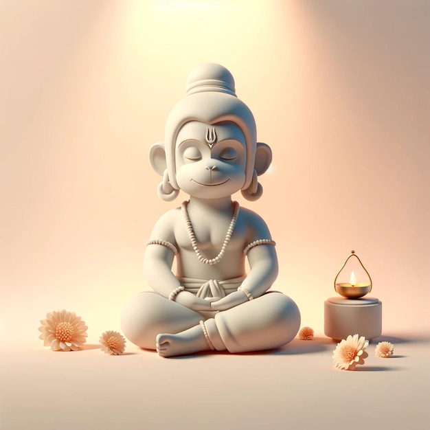 Foto ilustración minimalista en 3d del sereno hanuman jayanti con diya y marigolds