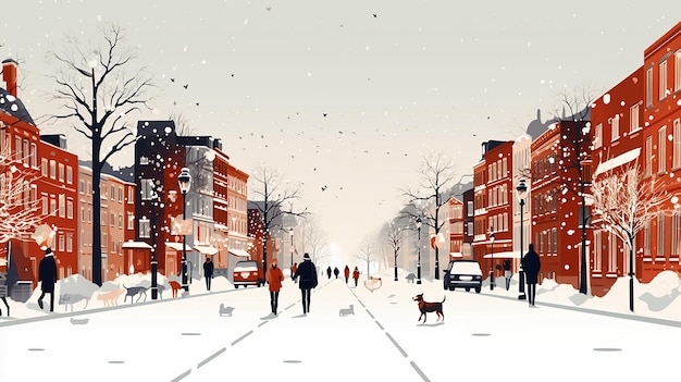Ilustración minimalista de calles nevadas llenas de gente.