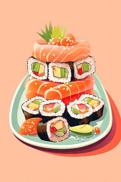 Ilustración minimalista delicioso plato de sushi en un fondo blanco limpio