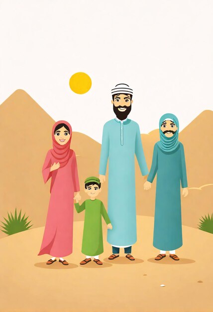 Ilustración minimalista de una familia en el desierto