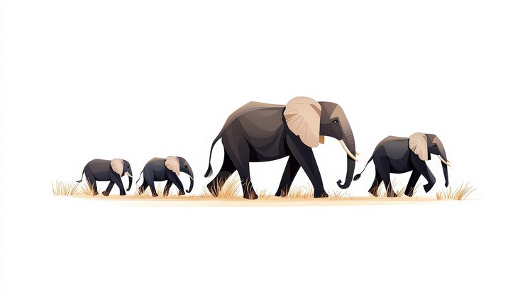 Una ilustración minimalista de una familia de elefantes caminando juntos en un entorno natural que simboliza la unidad y la fuerza