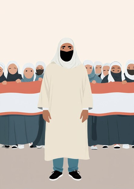 Ilustración minimalista un hombre con una túnica blanca de pie frente a un grupo de personas