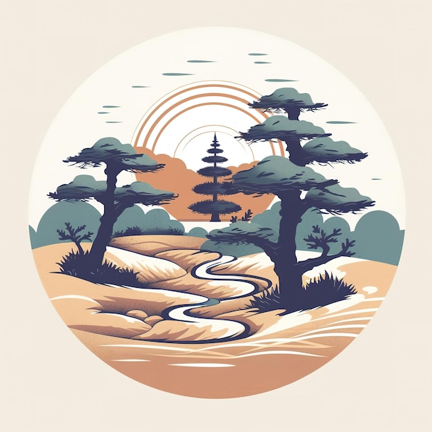 Ilustración minimalista del jardín zen