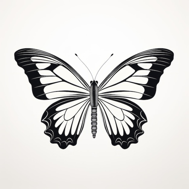 Ilustración minimalista de mariposa en blanco y negro con proporciones clásicas