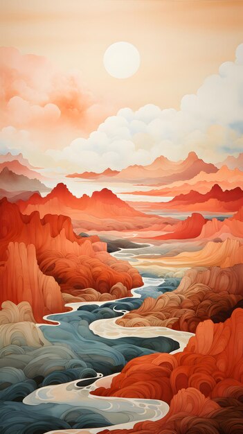 Ilustración minimalista de montañas rojas y un río con el sol en la distancia