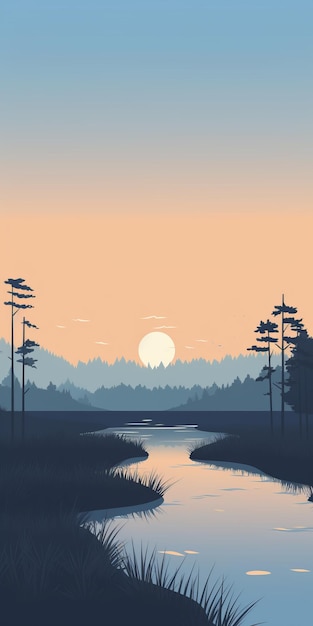 Ilustración minimalista de la naturaleza de un pantano tranquilo para papel tapiz móvil