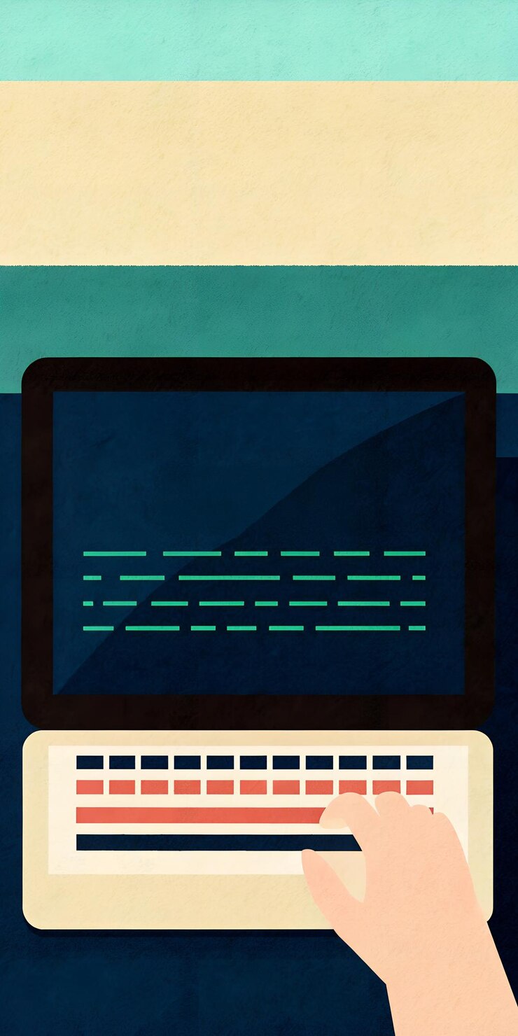 Foto ilustración minimalista de una persona escribiendo en una computadora portátil en un espacio de trabajo moderno