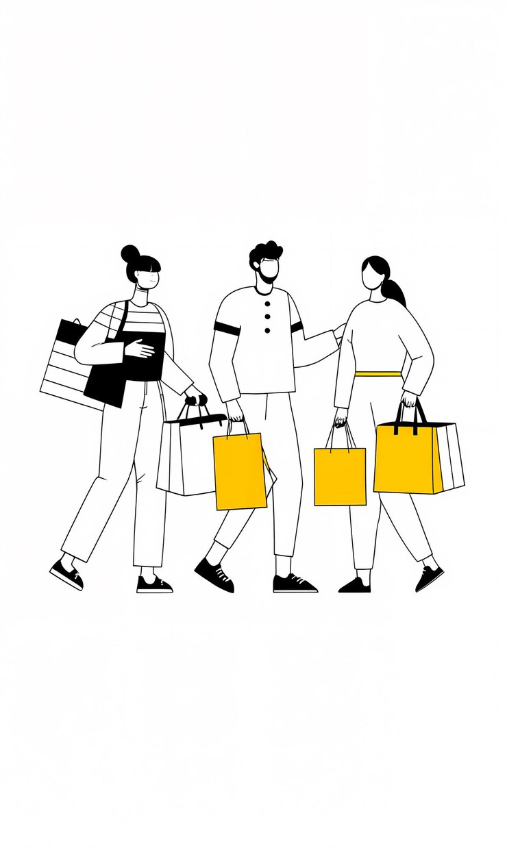 Foto ilustración minimalista de personas comprando con bolsas