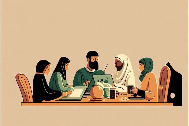 Ilustración minimalista con personas de diferentes culturas reunidas en la mesa con laptop. AI