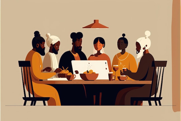 Ilustración minimalista con personas de diferentes culturas reunidas en la mesa con laptop. AI