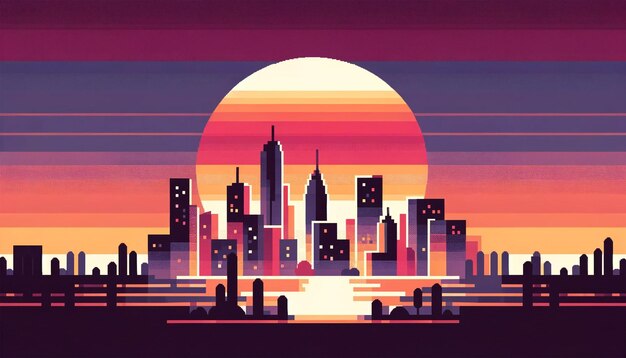 Una ilustración minimalista vectorial plana de una ciudad al atardecer aislada en un fondo