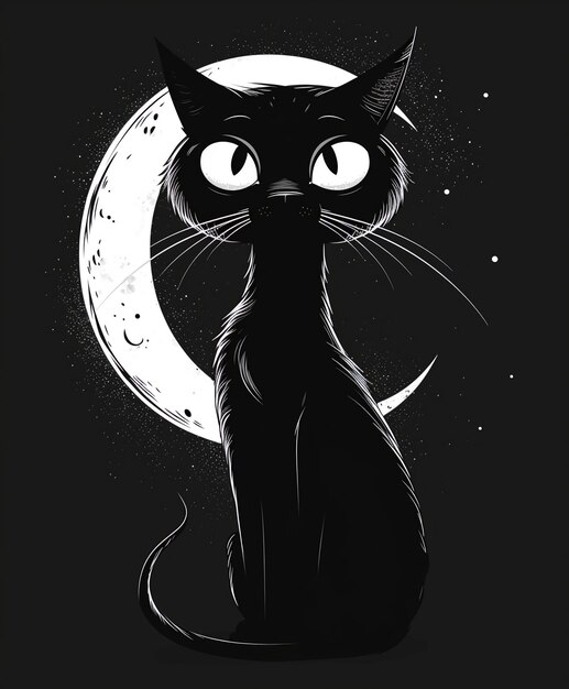 Foto ilustración mística de un gato negro de pie frente a la luna llena