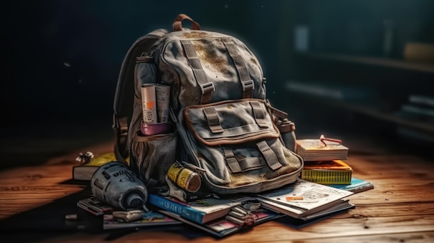 Ilustración de una mochila escolar llena de útiles escolares