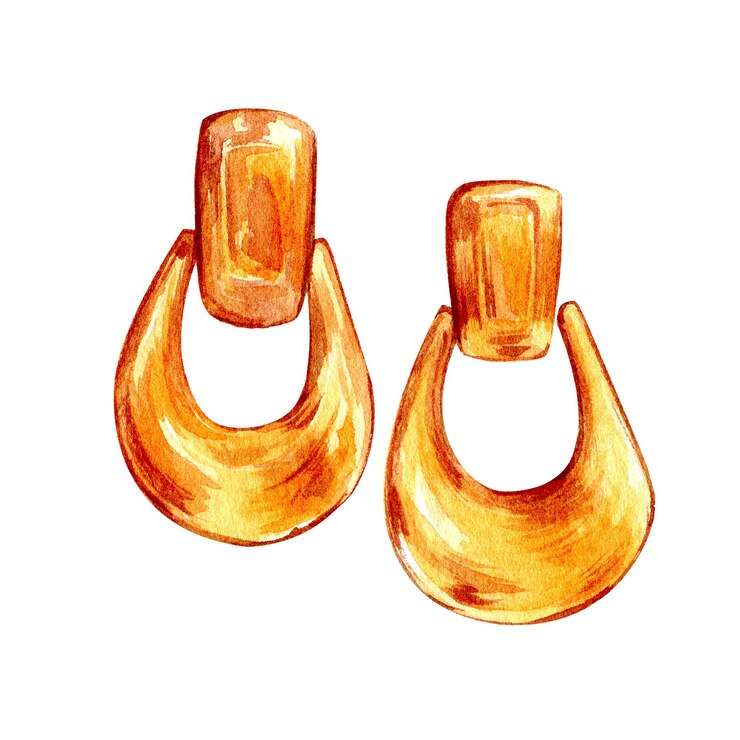 Foto ilustración de moda de acuarela grandes aretes de oro ilustración de joyería en acuarela