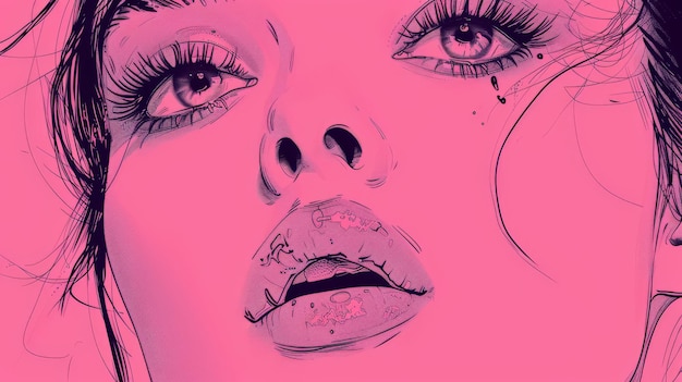 Ilustración de moda de la cara de una hermosa mujer sobre un fondo rosa