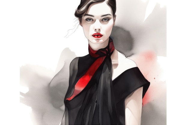 Ilustración de moda de una chica en vestido negro con acentos rojos creados con AI generativa