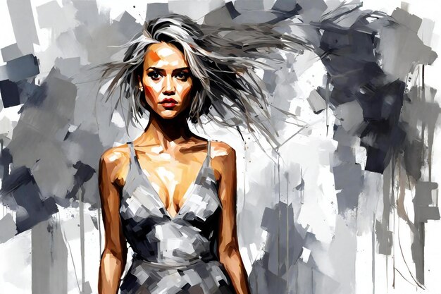 Ilustración de moda de una hermosa mujer sexy en vestido gris posando sobre un fondo grunge