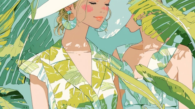 Ilustración de moda minimalista mujer estilizada en traje de baño con IA generativa de plantas de Monstera