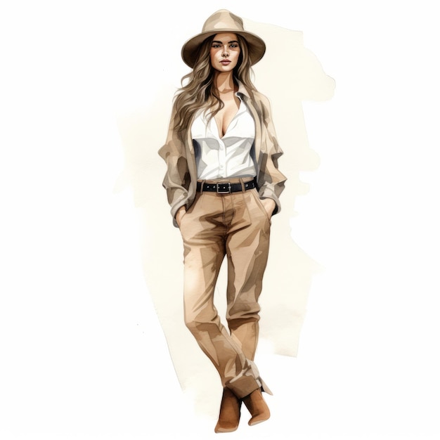 Ilustración De Moda De Mujer Con Sombrero Y Pantalones Pincelada Realista