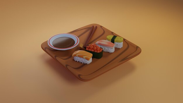 Ilustración de modelado 3D de sushi japonés