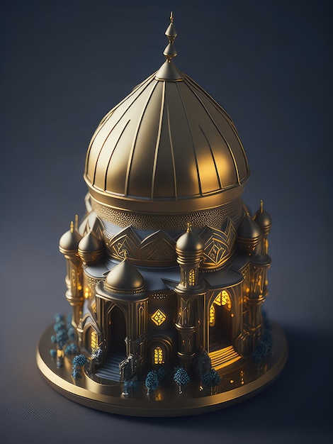 Ilustración de un modelo arquitectónico dorado de mezquita en miniatura que se muestra en una mesa creada con tecnología de IA generativa