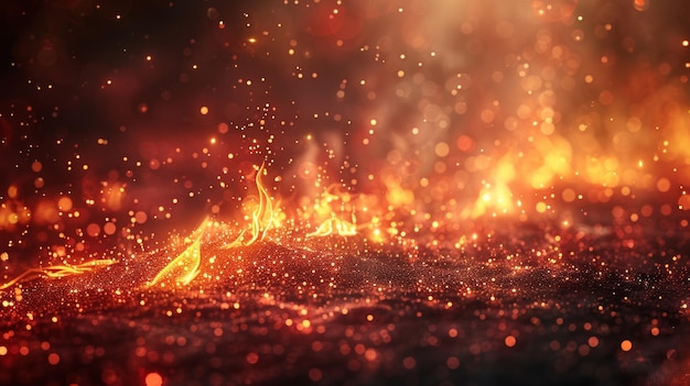 Ilustración moderna 3D barata que muestra chispas de fuego rojo efecto superposición llamas de fogata coloridas con partículas de brasa flotando en el aire energía de brillo mágico abstracto llama y brilla en un negro