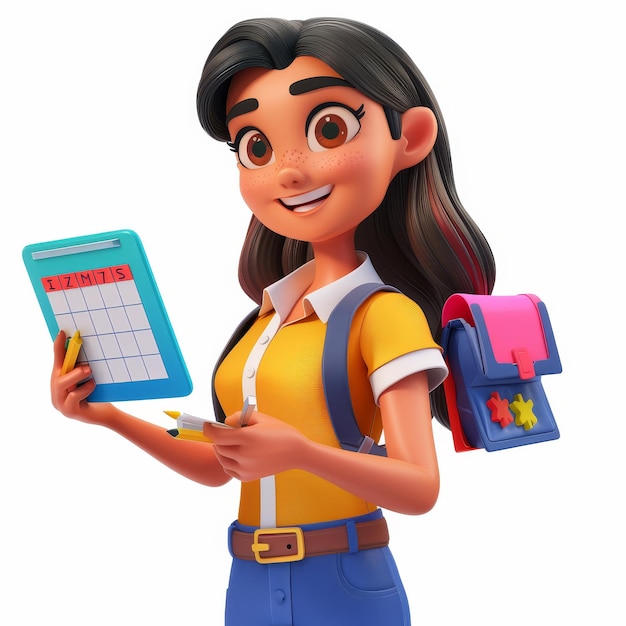 En esta ilustración moderna en 3D, una joven Jane sostiene una tableta mientras planea su horario de 39 días en una aplicación de calendario Planificación de eventos de negocios recordatorios y horarios Gente