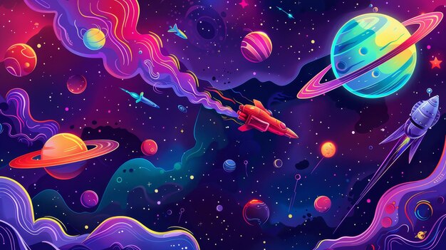 Ilustración moderna de una bandera de dibujos animados de un festival espacial invitación a un espectáculo de música o concierto con música de DJ Shuttle y estación alienígena en una galaxia con planetas Fondo de fantasía del universo Cosmos