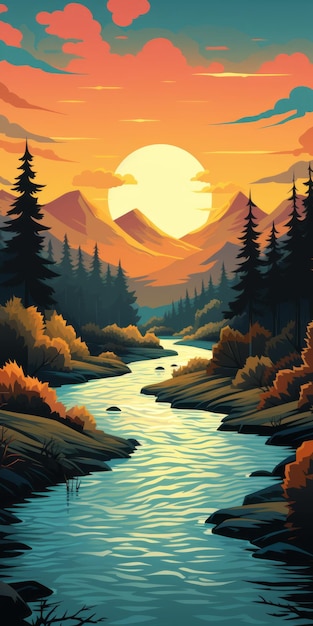 Ilustración moderna y colorida de un río con bosque y dunas