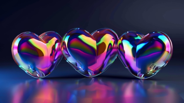 Una ilustración moderna de corazones holográficos en 3D en estilo y2k aislados sobre un fondo negro Esta representación muestra corazones de cromo iridescente en 3D con texto de amor y efectos de gradiente de arco iris