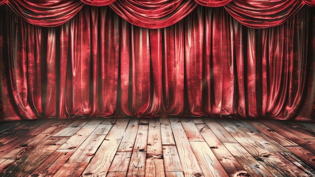 Foto ilustración moderna detallada de una cortina de escenario roja con piso de madera en el telón de fondo de una escena de teatro, ópera, gran apertura de un concierto o estreno de un cine y un portero para una actuación