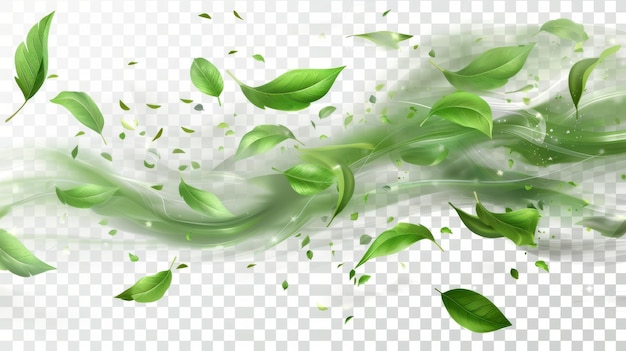 Ilustración moderna detallada de vórtice de aire y ola con hojas de menta voladoras Ilustración realista moderna de vórtex de aire y onda con hojas De menta voladoras sobre un fondo transparente