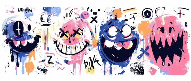 Ilustración moderna dibujada a mano con textura aislada sobre un fondo blanco de cuatro emoticones de graffiti que expresan diferentes emociones Varias caras sonrientes pintadas con pintura en aerosol