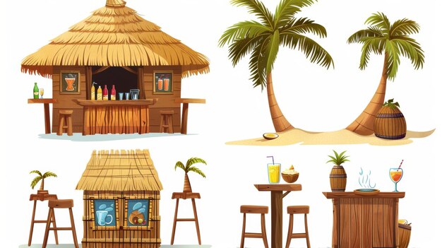 Ilustración moderna de dibujos animados de un café tiki tropical en una isla de arena con techo de paja, taburetes de madera, palma de coco y cócteles en el mostrador.