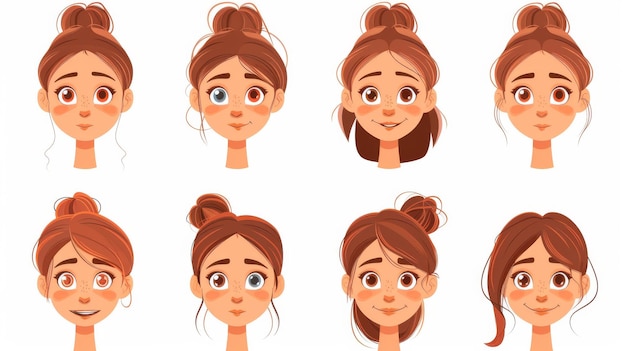 Foto una ilustración moderna de dibujos animados de elementos de diseño de avatar femenino, incluidos los peinados de la cabeza, los ojos de color, las cejas sonrientes y los labios tristes de una mujer joven aislada sobre un fondo blanco