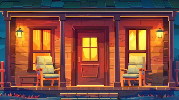 Una ilustración moderna de dibujos animados de una escena vespertina fuera de una casa de esquina de calle con un porche y una puerta con una ventana Exterior de un hogar de campo con fachadas de pared de ladrillo y un banco y sillón A