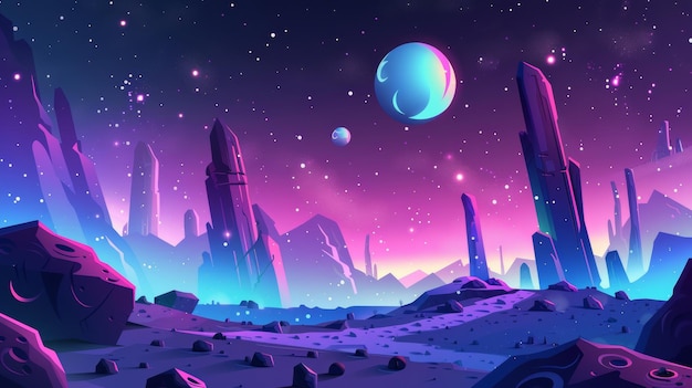 Ilustración moderna de dibujos animados de paisajes cósmicos que contienen estrellas y planetas paisaje de objetos del universo de fantasía para el concepto de exploración