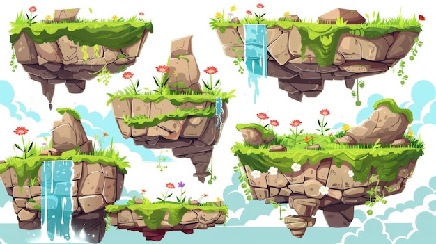 Ilustración moderna de dibujos animados de una plataforma de piedra voladora de fantasía con un arroyo de agua Bits de suelo de videojuego Mapa de nivel de islas de tierra rocosa flotante para saltos