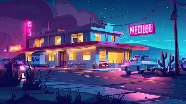 Foto en esta ilustración moderna de dibujos animados tenemos un motel en una autopista nocturna con coches y una señal de tráfico iluminada en la fachada un café y una oficina en el frente hay alojamiento para
