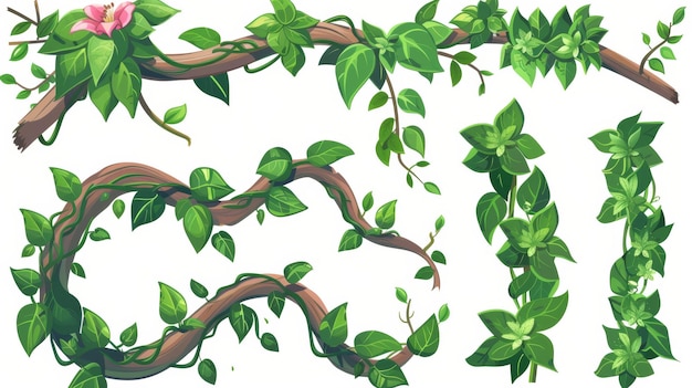 Ilustración moderna de dibujos animados de troncos de árboles de la selva tropical con hojas y flores retorcidas y enredadas.