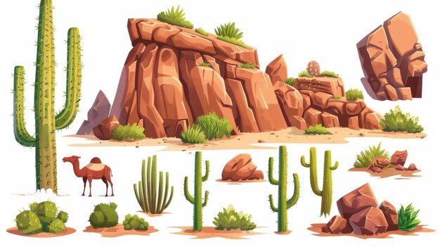 Ilustración moderna de dibujos animados de vegetación africana o mexicana animales y piedras en el desierto de Arizona con cactus verdes y árboles secos grandes rocas de montaña marrones y camellos