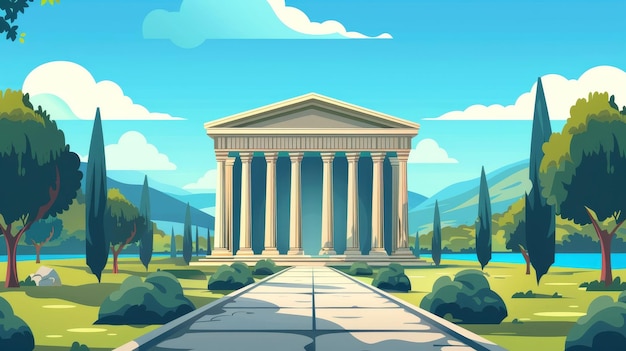 Ilustración moderna de un edificio de templo griego o romano con columnas y frontón Paisaje de verano con pilares y una carretera que conduce a través del lago