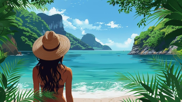 Ilustración moderna de una elegante mujer de verano con un sombrero relajándose en una playa contra un paisaje de montaña Ilustración de unas lujosas vacaciones de verano