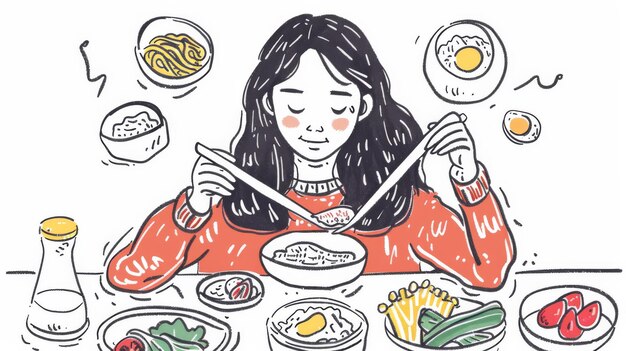 Ilustración moderna de estilo dibujado a mano de una mujer comiendo comida tradicional coreana