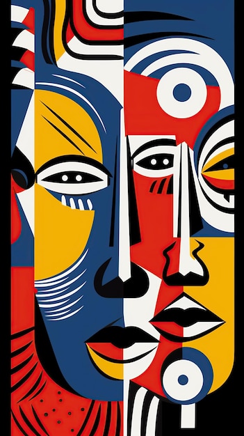 Ilustración moderna en estilo linocuto Rostros de colores surrealistas con manchas de amarillo rojo blanco azul y negro Imagen elegante para el diseño