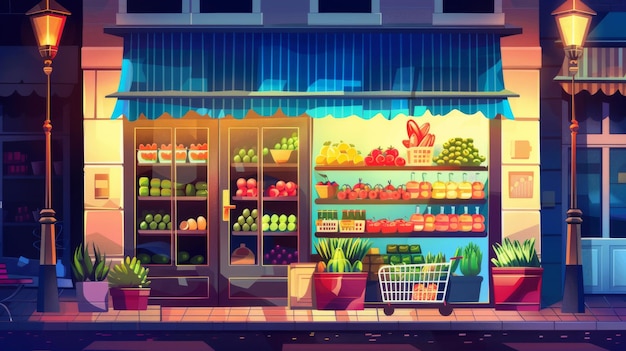 Ilustración moderna de la fachada del supermercado por la noche con un carrito de compras lleno de comida en el pavimento en una calle oscura de la ciudad y frutas y verduras para la venta