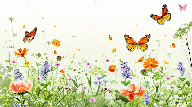 Ilustración moderna de flores y mariposas de primavera